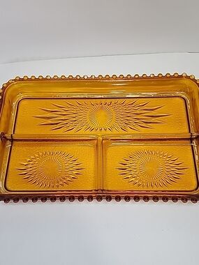 Amber Divided Glass Serving Tray with Sunburst Pattern Vintage 1970s